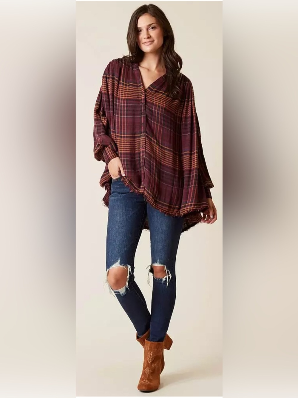 Free People Come On Over Plaid Button-Down Oversized Tunic in Burgundy & Rust XS